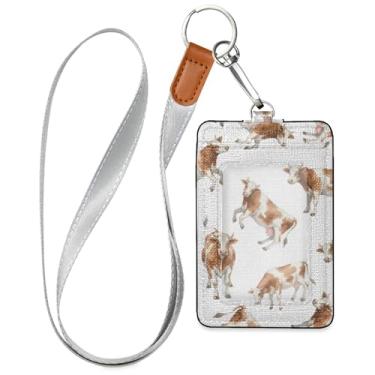Imagem de Burbuja Porta-crachá de couro com cordão, etiqueta de identificação de vaca em aquarela com 1 janela transparente para identidade e 2 compartimentos para cartão para escritório, enfermeira, professor