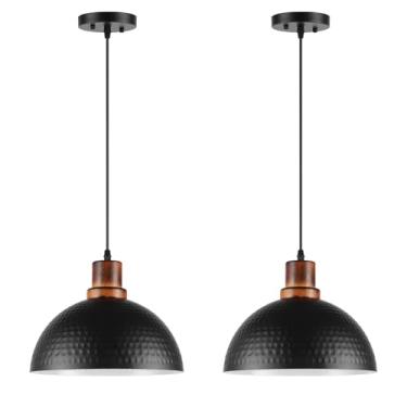 Imagem de Mgcanyu Luzes pendentes pretas e de madeira, pacote com 2, luminária pendente de cúpula de metal martelado de 30 cm, moderna e preta, luminária suspensa de teto para cozinha, ilha, sala de jantar