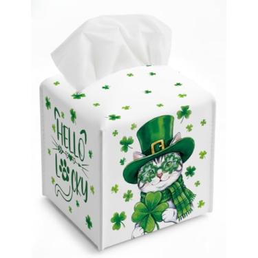 Imagem de Capa de caixa de lenços de guardanapo de Dia de São Patrício, organizador de papel de couro impermeável Cat Shamrock para mesa de jantar, banheiro, penteadeira de cabeceira, carro, ideias de presente