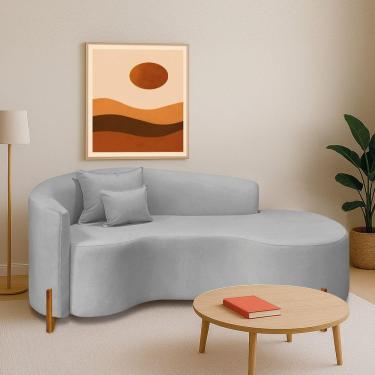 Imagem de Divã Recamier Curvo Sala De Estar Recepção Inglaterra 200cm Pés Madeira Lado Direito Linho Cor Cinza Claro