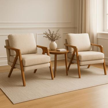 Imagem de Kit 2 Poltronas Mona Luxo Madeira Maciça Veludo Bege Para Sala De Estar Decorativa Moderna