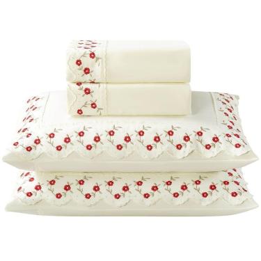 Imagem de Jogo De Lençol Ricca Casal 4 Peças Micropercal 300 Fios Bordado Floral - Margarida Vermelho - 100% Poliéster