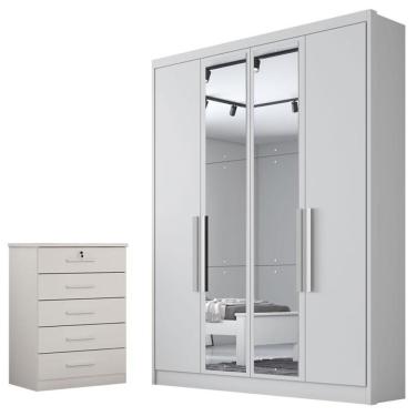 Imagem de Guarda Roupa Solteiro Sevilha 4 Portas 3 Gavetas MDF com Espelho Neve Móveis Novo Horizonte