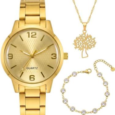 Imagem de Relogio Aço Banhado Feminino Inox + Pingente Pulseira Colar analogico 