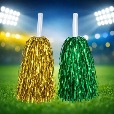 Imagem de Par Pompom Metalizado Cor Brasil Verde Dourado Franjas Qtde Quantidade