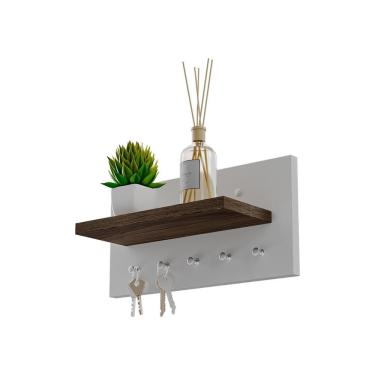 Imagem de Porta Chaves Minimalista de Parede com 5 Pinos Organizador de Objetos Branco e Nogal Mercado das Prateleiras
