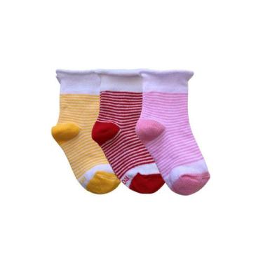 Imagem de Kit 3 Pares Meia Algodão Bebê Punho Suave Listradinha Conforto Tamanho