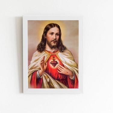 Imagem de Quadro Jesus Cristo Sagrado Coração Moldura Branca 60x40cm