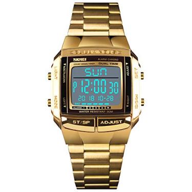 Imagem de FANMIS Relógio digital unissex de luxo, multifuncional, cronômetro, alarme, retroiluminação, resistente à água, Dourado, Digital