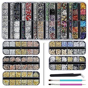 Imagem de Artdone 12 caixas de strass para unhas, pedras preciosas para unhas, diamantes de unhas, cravos de arte para unhas, cristais de unhas, conjunto de lantejoulas para unhas com 1 pinça