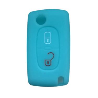 Imagem de CSHU 2 botões Silicone chave do carro capa chaveiro anel chave bolsa, adequado para Citroen C2 C3 C4 C8 Peugeot 308 207 307 3008 5008, azul luminoso