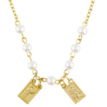 Imagem de Colar escapulário dourado com contas brancas, joias de moda religiosa devocional, presentes de patrocinador de confirmação católica para homens e mulheres, 40,64 cm, Zinco, Sem pedra preciosa