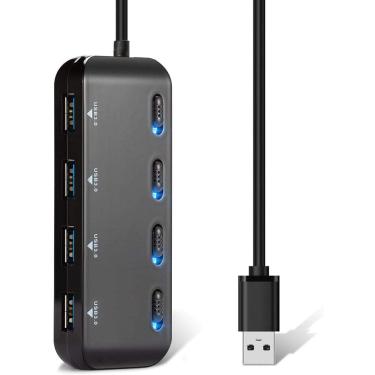 Imagem de Divisor USB Hub 4 Porta 3.0 - Alimentado multiporta de alta velocidade USB 3.0 Hub Adaptador Ultra Slim USB Expander Hub 6 em cabo com interruptores individuais ligados/desligados indicador LED azul para laptop/MacBook Pro/PC/Ipad