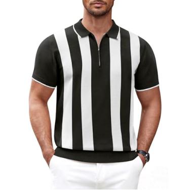 Imagem de COOFANDY Camisa polo masculina com zíper casual de malha manga curta camiseta polo camiseta de ajuste clássico, Listras Z - preto e branco, G