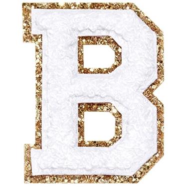 Imagem de 3 Pçs Chenille Letter Patches Ferro em Patches Glitter Varsity Letter Patches Bordado Borda Dourada Costurar em Patches para Vestuário Chapéu Bolsa de Camisa (Branco, B)