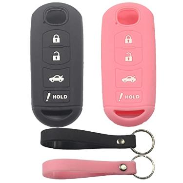 Imagem de kcpros 2 peças de borracha silicone 4 botões Smart Key Fob capa protetora sem chave com chaveiro compatível com Mazda 3 6 MX-5 CX-9 CX-5 CX-5 preto rosa