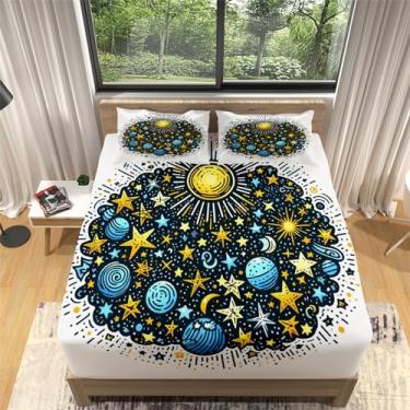 Imagem de Lençol de cama solteiro, desenho de estrelas, sol, cor clara, estampado, 100% microfibra escovada, lençol com elástico ultramacio com bolso profundo de 40,6 cm, lençol com elástico e encolhimento