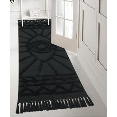 Imagem de Uphome Tapete de corredor 60 x 15 cm lavável com olho turco adornado com borlas tapetes de cozinha de algodão macio tapete de cozinha estético cinza escuro acento tapete para sala de estar lavanderia quarto