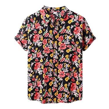 Imagem de Aniywn Camisa masculina havaiana floral abotoada tropical férias praia camisa camisa masculina manga curta verão praia, A10 - Preto, 3G