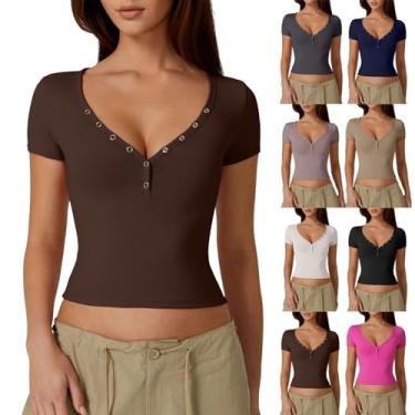 Imagem de PKDong Crop Tops femininos sexy decote em V profundo camiseta manga curta cor sólida moda slim camisas de verão, Marrom, M