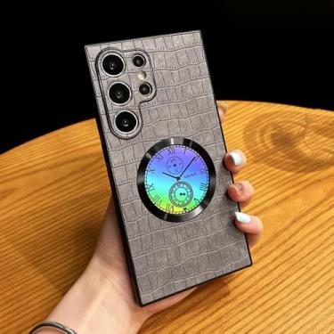 Imagem de Capa de telefone magnética de couro com relógio laser brilhante para Samsung S24 Plus S22 S23 Ultra Luxury Crocodilo Padrão Capas, cinza, para Samsung S24