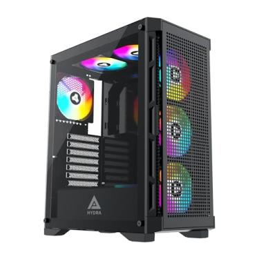 Imagem de Apevia Hydra-BK Capa para PC para jogos Hydra Mid Tower com 6 ventoinhas ARGB de 120 mm, 366 modos de luz RGB, painel frontal de malha de fluxo de ar respirável de alto desempenho, painel lateral de