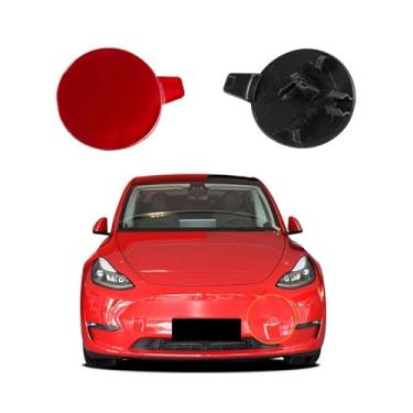 Imagem de Capa de gancho de reboque para para-choque dianteiro de carro compatível com Tesla Model Y 2020 2021 2022 2023 tampa de reboque 149374600A 1493746-00-A tampa pequena olho de reboque vermelho lado