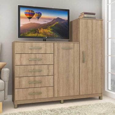 Imagem de Cômoda Chicago 2 Portas 5 Gavetas Com Cabideiro E Pés Mel