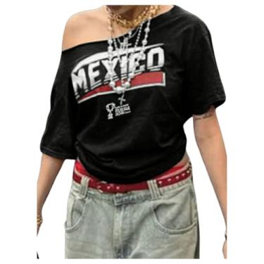 Imagem de SOLY HUX Camiseta feminina com estampa de letras, ombros de fora, manga curta, gola assimétrica, solta, Letra preta, P