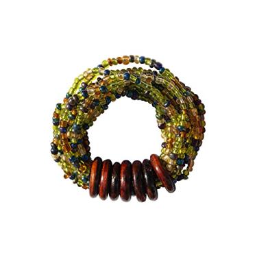 Imagem de Indomode Pulseira de contas Bali – Mistura de verde translúcido, ouro translúcido, roxo translúcido feito à mão, joia feminina elástica de 10 fios com anéis de madeira, tamanho 16,5-19 cm, Vidro,