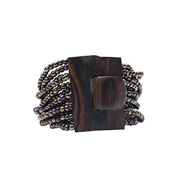 Imagem de Indomode Pulseira Bali Cromada Arco-íris com Fecho de Fivela de Madeira Rígida - 14 Fios Elásticos - 5 cm de Largura, 8 inch, Vidro