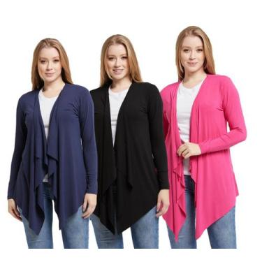 Imagem de Kit 03 cardigans feminino kimono com bico manga longa - Wooks, M, Azul