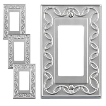 Imagem de OKAWYC Placa decorativa única para interruptor de luz, pacote com 4, placa de parede de metal NovaBloom de níquel escovado, 1 gangue, balancim único, para interruptor regulador de luz de receptáculo,