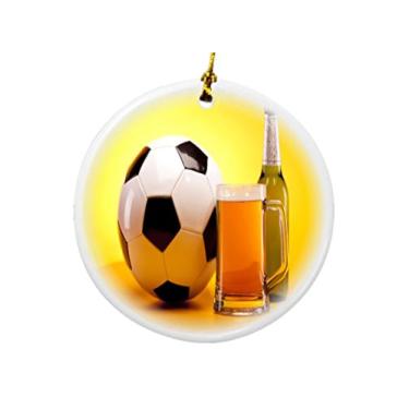 Imagem de Rikki Knight Cerveja gelada e futebol em fundo amarelo, ornamentos de Natal redondos de porcelana dupla face