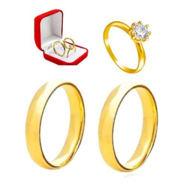 Imagem de Par Alianças Casamento 3mm + Anel solitário Banhado Ouro 18k Zirconia 