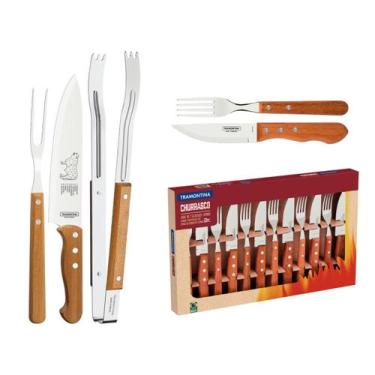 Imagem de Kit Churrasco com Garfo Trinchante Faca e Pegador + Jogo de Talheres J