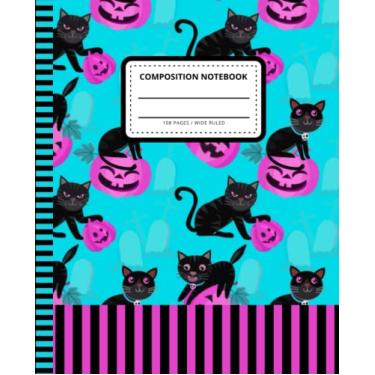 Imagem de Halloween Pumpkin Composition Notebook Wide Ruled: 7.5 x 9.25 Blank Paper / 108 Pages/Stationery Gift for Note Taking - Writing - Doodles/Hot Pink Jack-O-Lantern Black Cat Art Pattern On Teal Blue