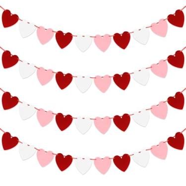 Imagem de 4 peças guirlanda de dia dos namorados, 40 corações de feltro decorações de dia dos namorados, 3 cores bandeira do dia dos namorados, faixa vermelha rosa branca coração banner dia dos namorados festa