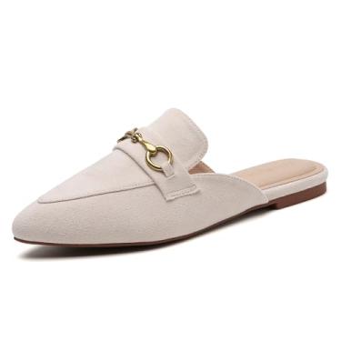 Imagem de CicoMuin Mules de fivela para mulheres, bico fino, frente única, sem cadarço, sem cadarço, sapato mocassim, Camurça bege, 9.5