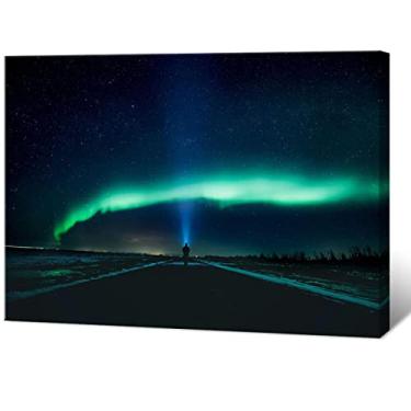 Imagem de Arte de parede em tela grande emoldurada, imagens de Aurora Boreal, impressão de pintura de paisagem em tela, luzes do norte, céu estrelado azul, pôster pronto para pendurar para decoração de casa 90