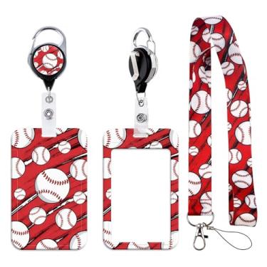 Imagem de BKBKAAK Cordões de beisebol para crachás de identificação, clipe retrátil de estilo esportivo com suporte de etiqueta de nome vertical, cordão vermelho legal com chaveiro para crianças, meninos e