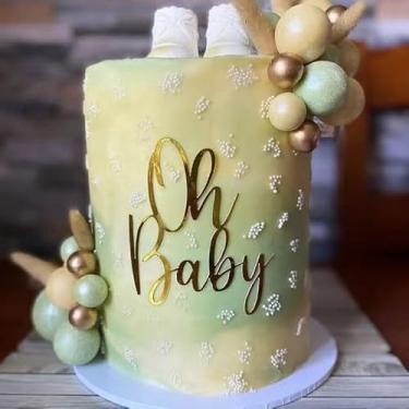 Imagem de Oh Topper de bolo de bebê, enfeite de bolo de chá de bebê de acrílico dourado para festa de revelação de gênero/adereços de cabine de bebê decorações de fotos de festa