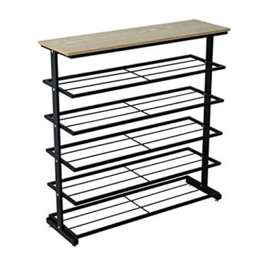 Imagem de Sapateiras para entrada de sapatos pretas organizador de armazenamento de sapatos de 5/6 níveis com prateleira superior de madeira maciça e prateleiras de malha de metal para armário de 15 a 24 pares