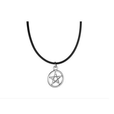 Imagem de Colar Pentagrama Prateado Couro Sintético Pingente 25X20 Mm