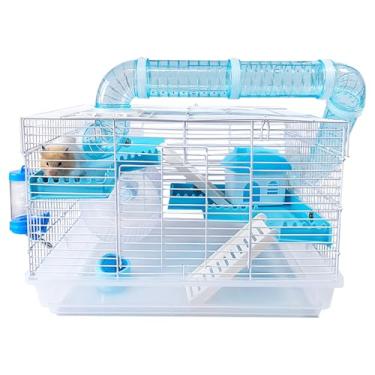 Imagem de Tfwadmx Gaiola de hamster anão pequeno hamster habitat mouse casa gaiola de animais pequenos com tubo roda de exercício cabana habitat de rato para ratos gerbos 47 x 30 cm x 30 cm transparente/azul