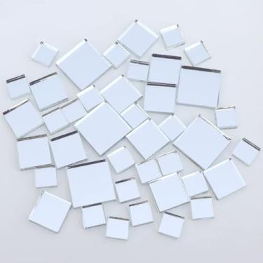 Imagem de Mosaicos espelhados de 200 g, espelhos de vidro planos redondos/triângulos/losangos/quadrados decorativos para artesanato azulejos DIY para artesanato arte parede porta casa joias fram (quadrado prata