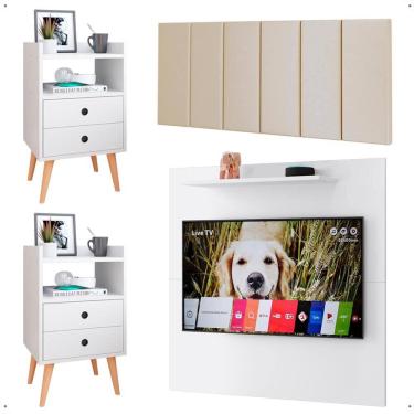 Imagem de Kit 2 Mesinhas Lateral Painel Branco Tv 32 Polegadas Prateleira Suspensa Cabeceira Cama Box Casal 1,40 Areia Suede - Lojas RPM