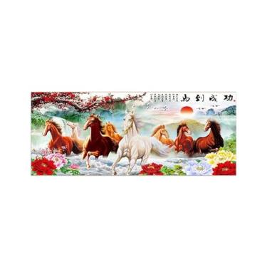 Imagem de BMZFYBS Chinoiserie Quadro de arte de parede - Pintura de paisagem chinesa em tela - Peônia flores cavalo - Pôster moderno e impressões para decoração de sala de estar 60 x 150 cm 24 x 59 pol. Sem