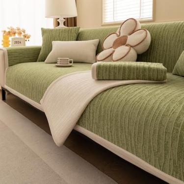 Imagem de WMLTZFUS Capa de sofá de chenille seccional de pele macia grossa para cães, crianças, protetor de móveis macio para sofá de 2 3 e 4, estilo moderno, antiderrapante para animais de estimação, verde |