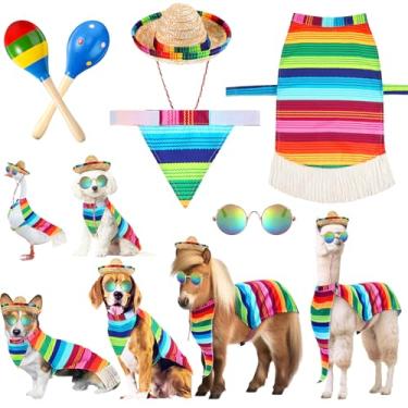 Imagem de Abbylike Conjunto de 5 peças de fantasia de cachorro serape mexicano inclui poncho arco-íris chapéu sombrero redondo óculos de sol maracas para cinco de maio, dia dos mortos, Halloween, presentes para